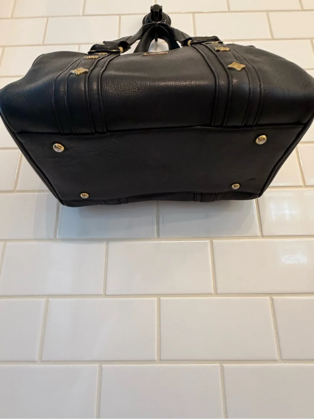 MCM Black Leather Satchel with Gold Plaque and Hardware - Picture 5 of 7